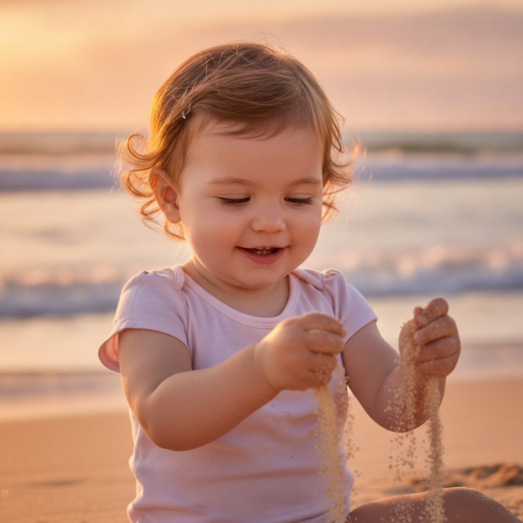 A cute baby girl named Isabel playing with sand on the beach at sunset